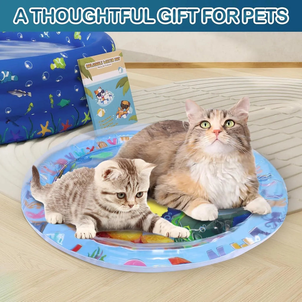 Square blue water playmat for cats and dogs with floating fish toys inside.