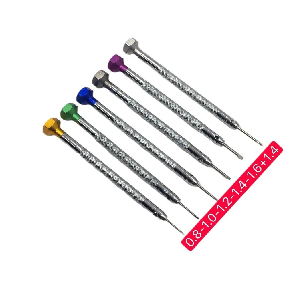Set of six colour-coded aluminium handle screwdrivers and a meter tool for watch repair.