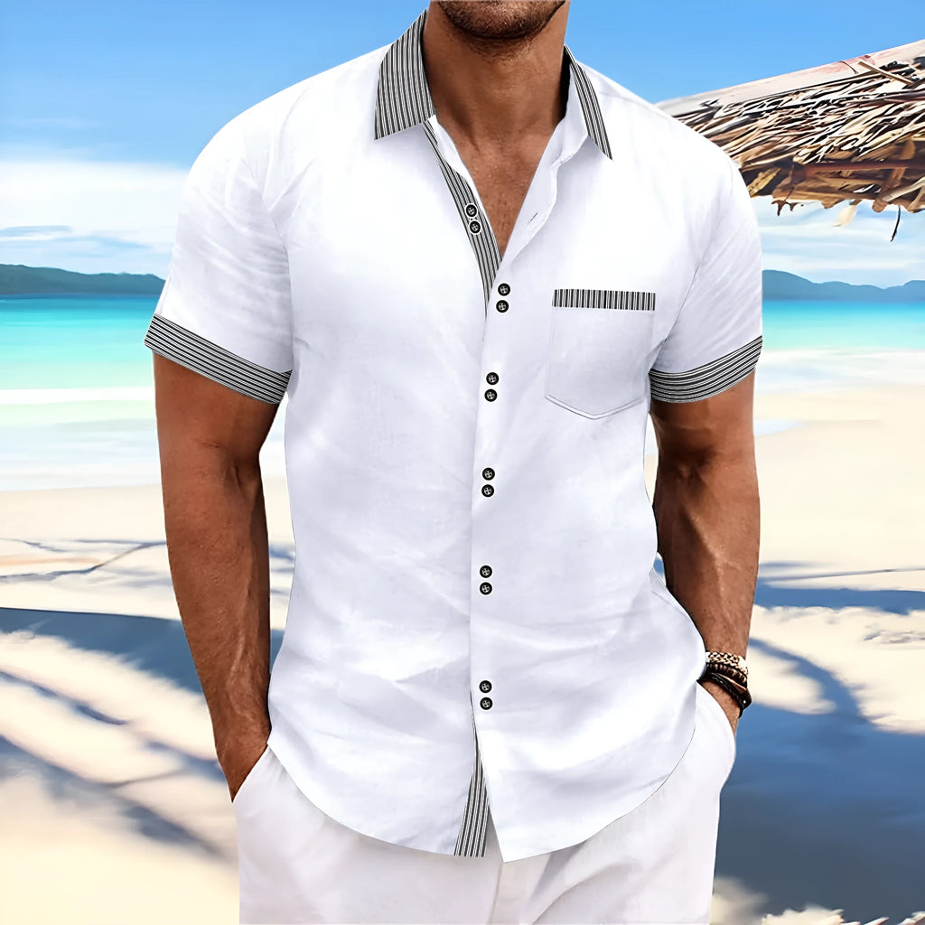 Man's slim fit striped short sleeve casual shirt in pure cotton, showing double button placket.