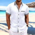 Man's slim fit striped short sleeve casual shirt in pure cotton, showing double button placket.