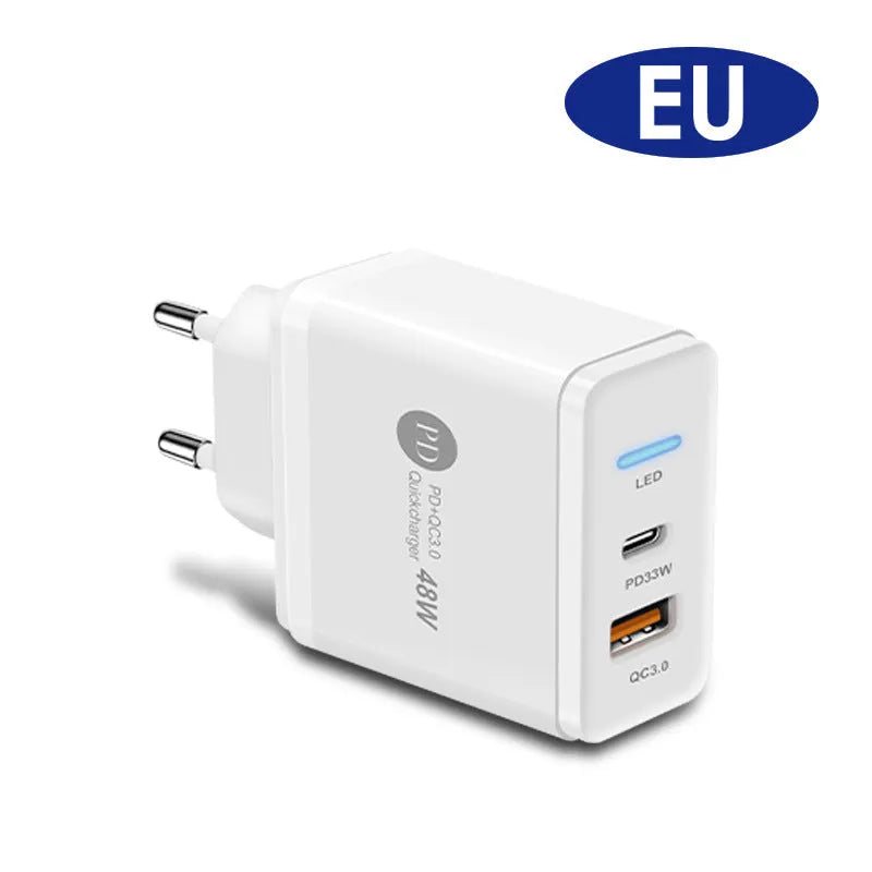 PD48W fast charging travel charger with Type-C USB port and international plug options