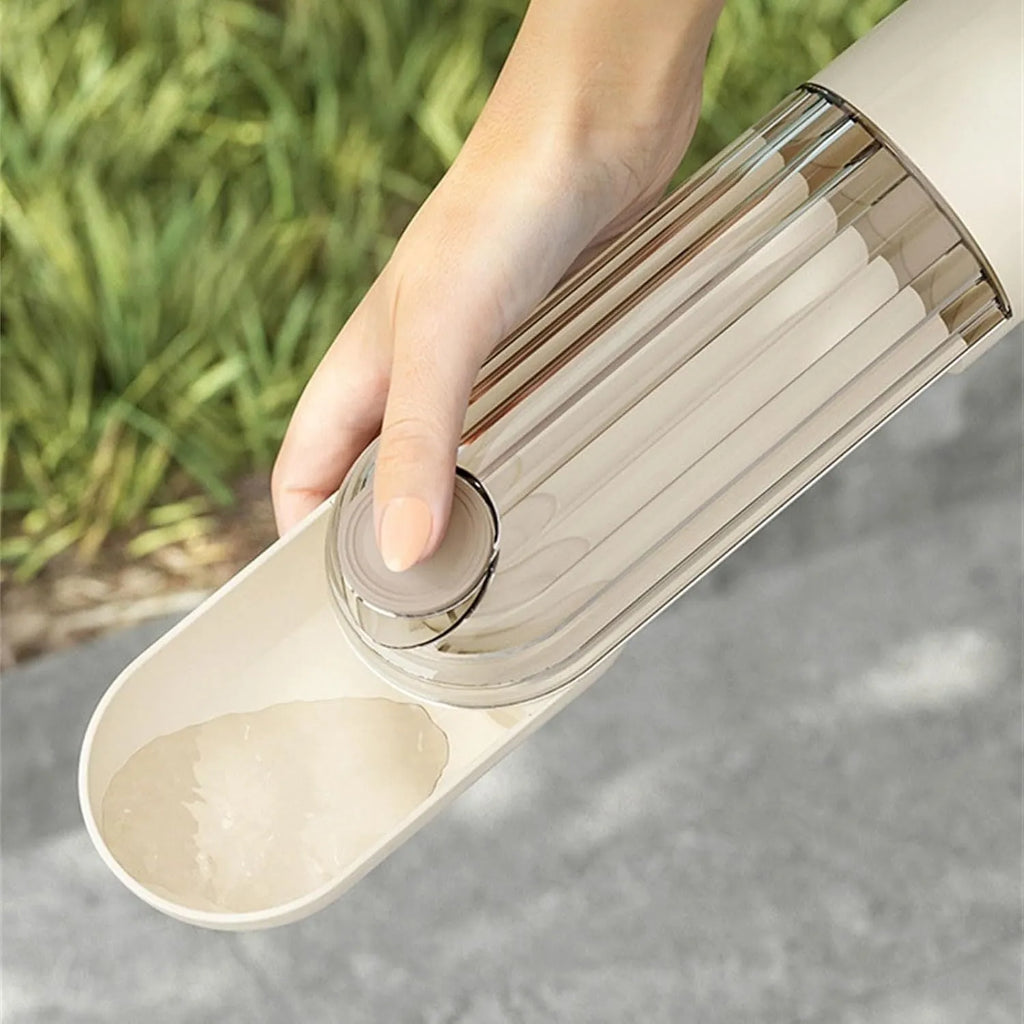 Beige or green foldable leak-proof dog water bottle with food dispenser for outdoor use