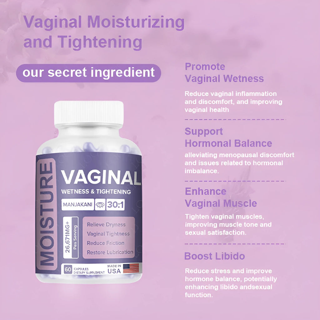 Bottle of 60 vaginal capsules for adult feminine intimate care.