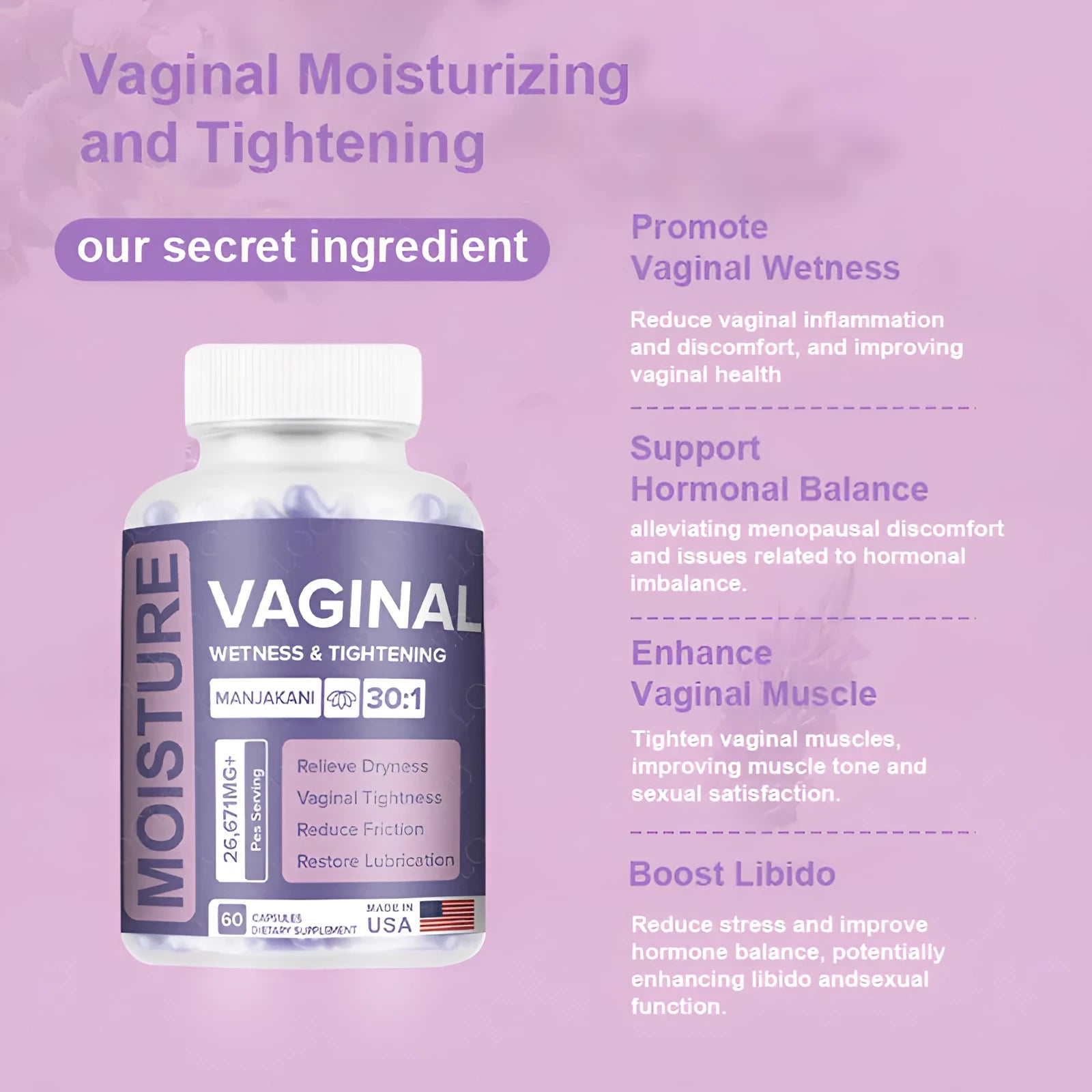 Bottle of 60 vaginal capsules for adult feminine intimate care.