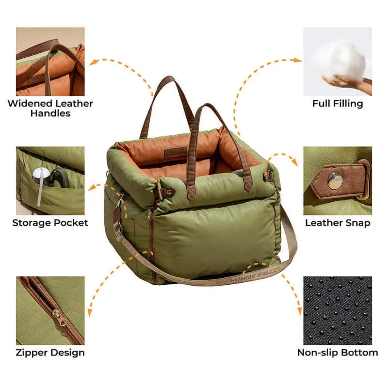 Green waterproof PU dog car nest with removable cover, shown on a car seat, dimensions 55x50x45cm.