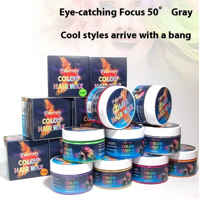 120g hair styling clay pot in one of nine colours: white, orange, red, yellow, blue, green, purple, rose red, or granny grey