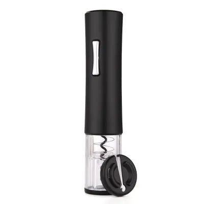 Black automatic electric wine bottle opener with integrated foil cutter on a kitchen counter.