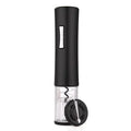 Black automatic electric wine bottle opener with integrated foil cutter on a kitchen counter.