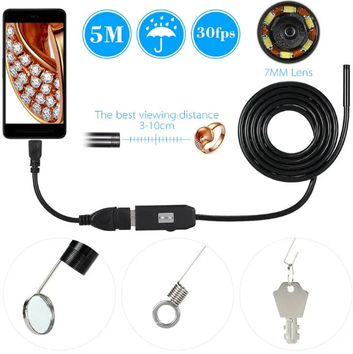 OWSOO USB endoscope camera with flexible cable, hook, and magnet for phone inspections