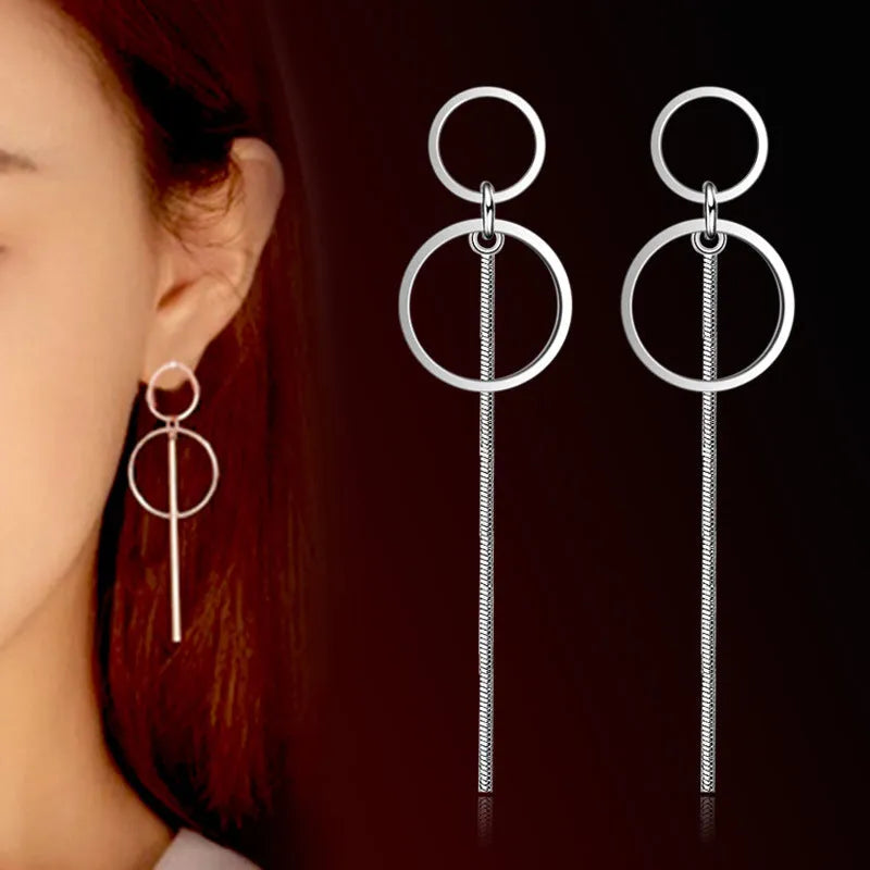 S925 sterling silver pearl tassel long earrings double ring design women