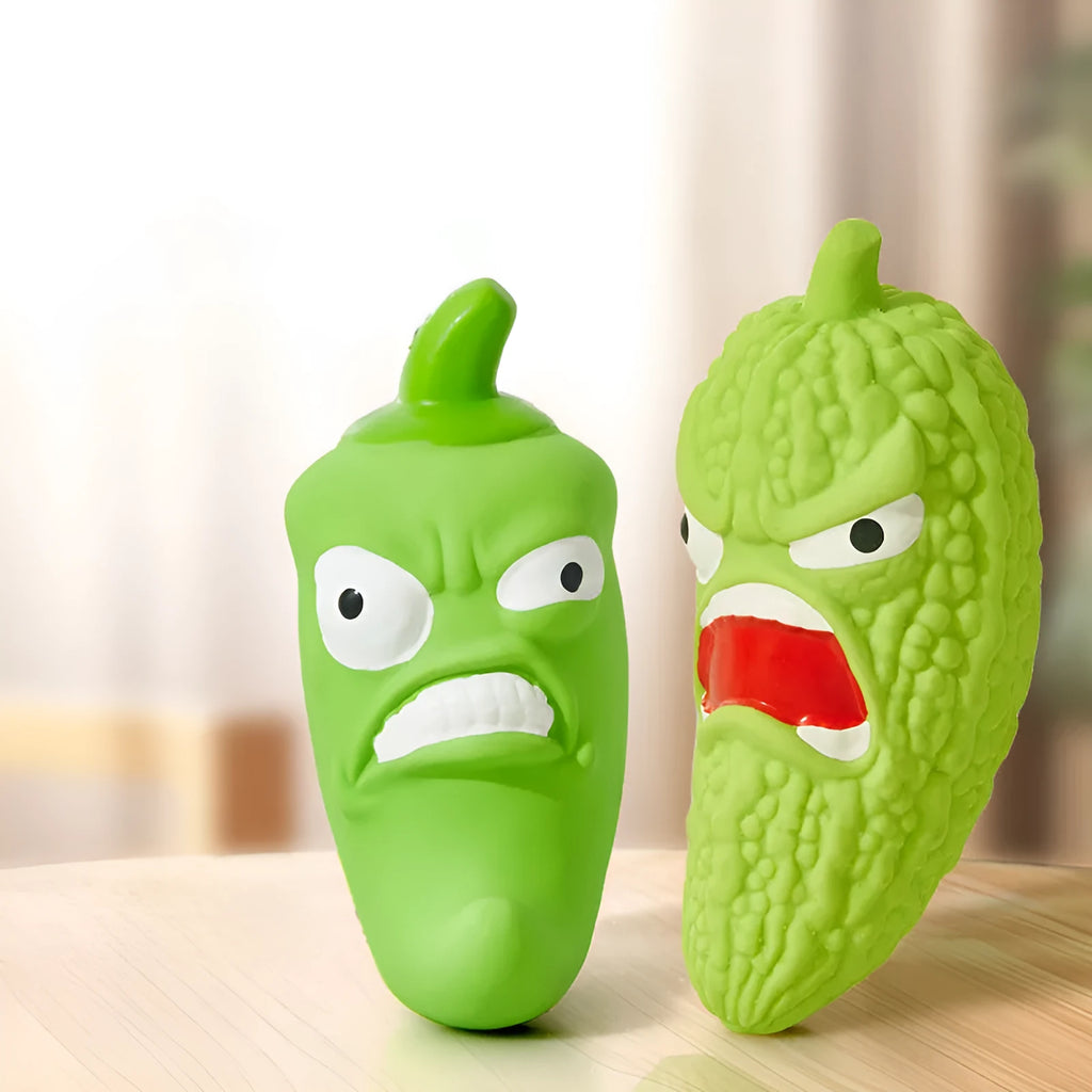 Realistic bitter melon and chilli shaped dog toys that make pet sounds when chewed