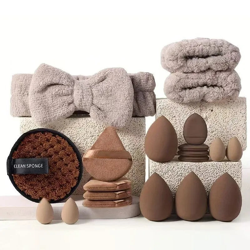 40-piece makeup sponge set in coffee brown, pink, and purple on white background