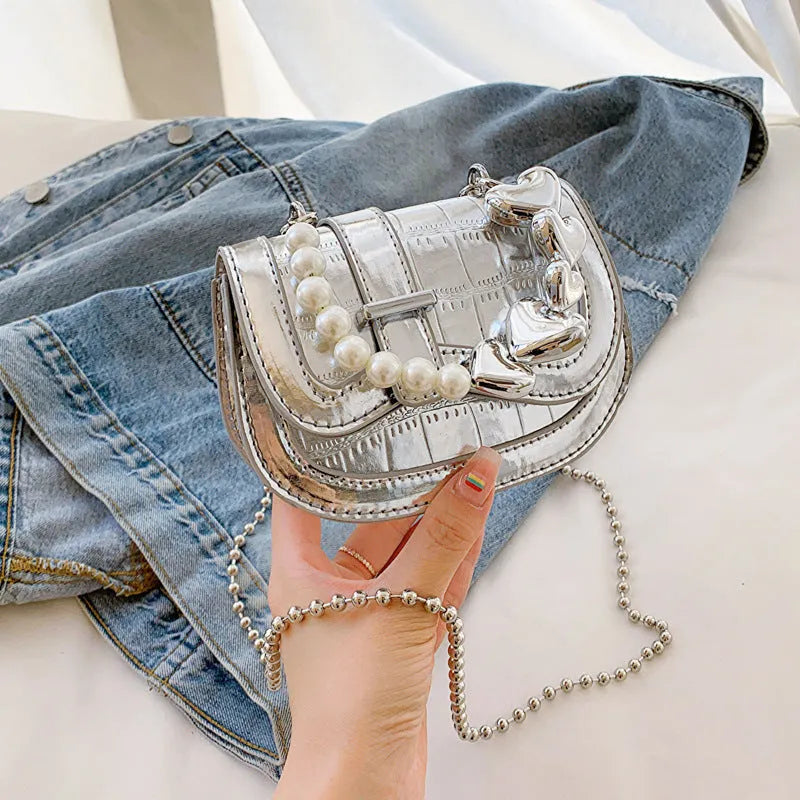 Silver PU leather mini tote crossbody bag with single shoulder strap and mobile phone pocket