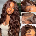 Women's long curly dark brown synthetic front lace wig with side fringe, shown on a model.