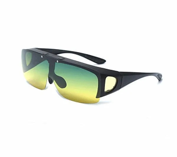 Polarised one-piece sunglasses for myopia with multiple lens options including black, grey, dark green, and night vision.