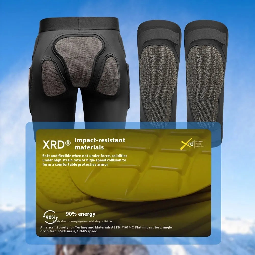 X-ray diffraction ski protective gear showing hip pads and knee pads for multiple sports protection