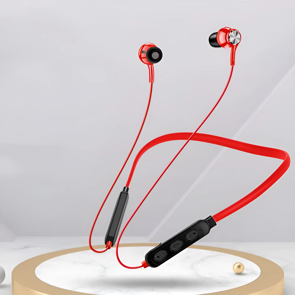 Neckband sports Bluetooth earphones in black, red or white colours showing bilateral earpieces and neckband design
