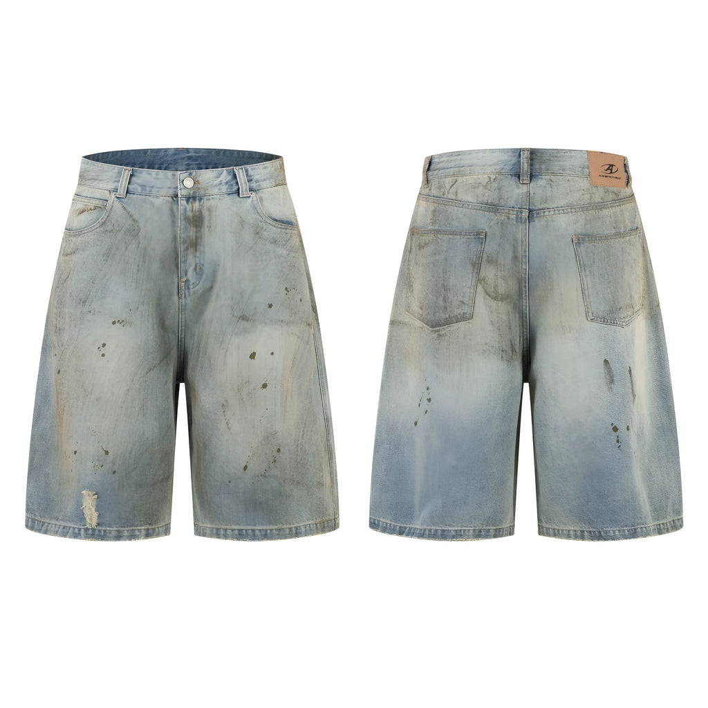 Straight-leg washed blue denim trousers with zipper fly and cropped middle pants length