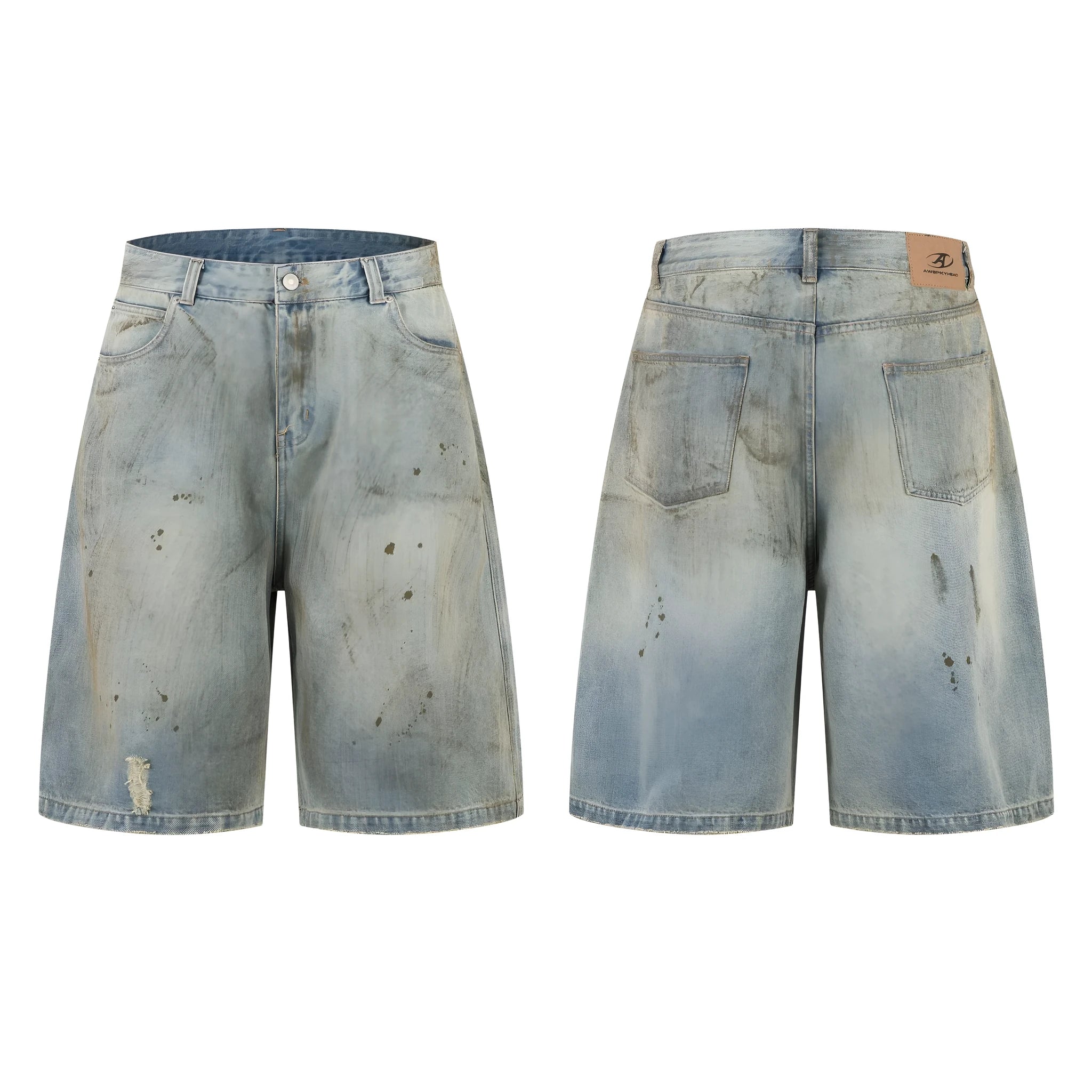 Straight-leg washed blue denim trousers with zipper fly and cropped middle pants length