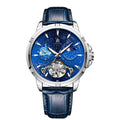 Men's blue dial automatic mechanical watch with metal bracelet showing time display