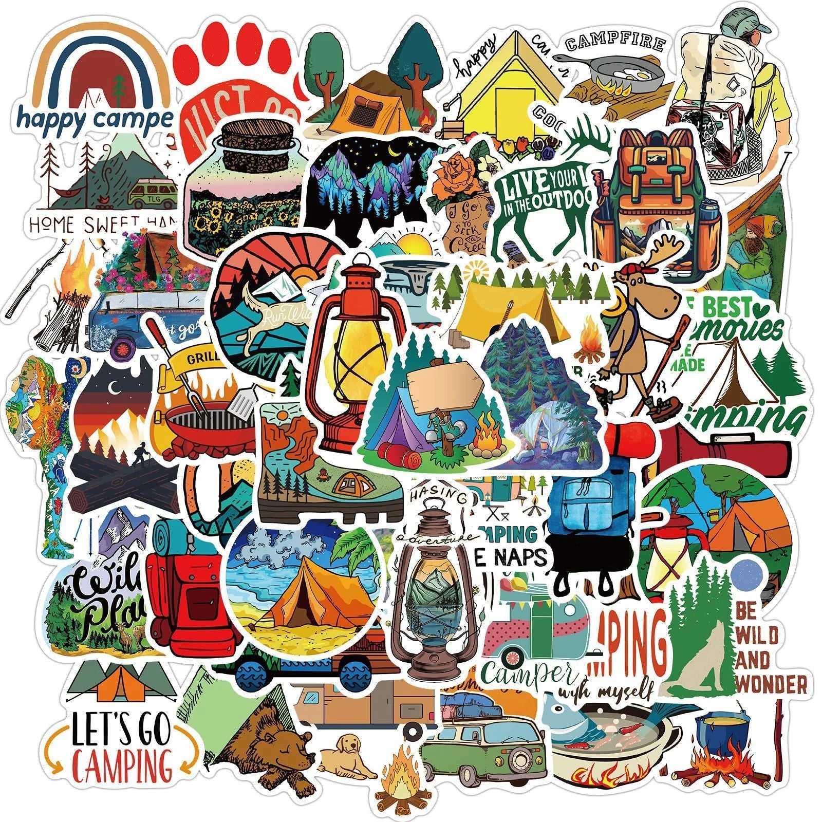 50 cartoon PVC waterproof stickers in assorted graffiti styles including astronaut, drink, and animal designs on a white background