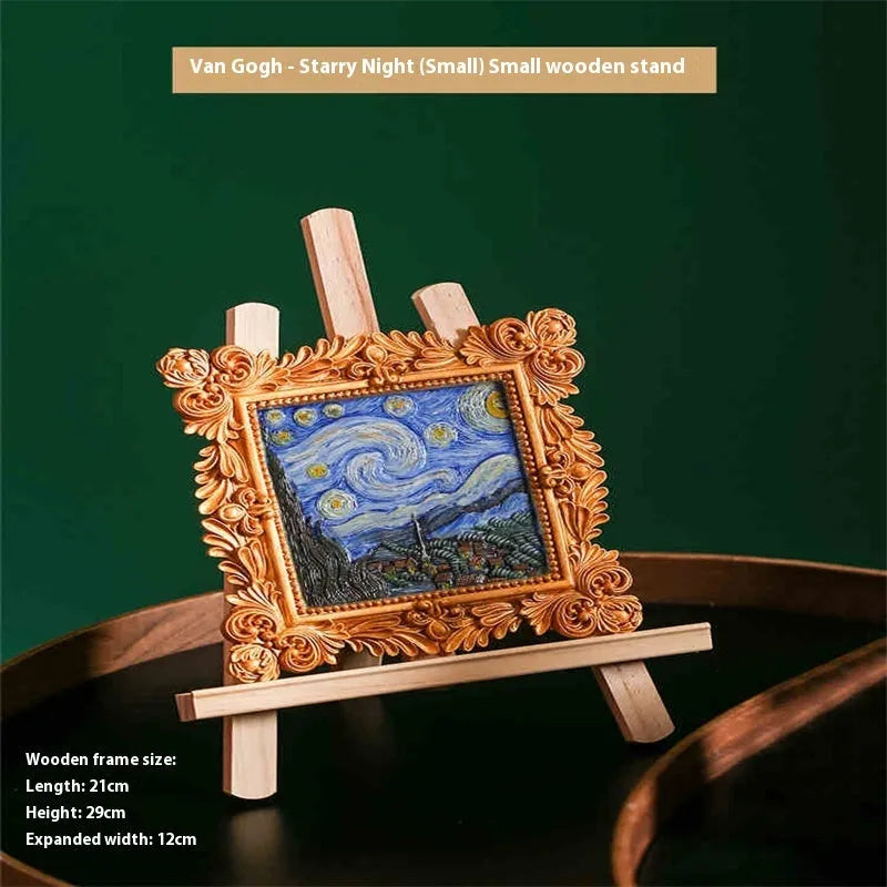 DIY paint by numbers kit showing Van Gogh's Starry Night canvas with acrylic paints and brushes