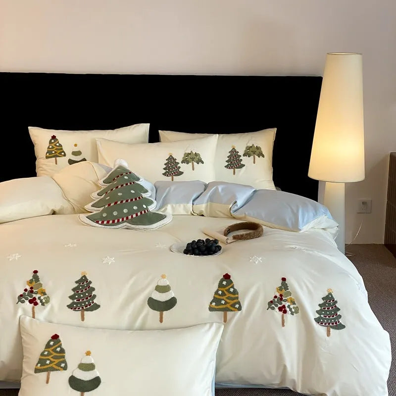 Pure cotton four-piece bedding set with embroidered Christmas tree and towel pattern in cream blue or green.