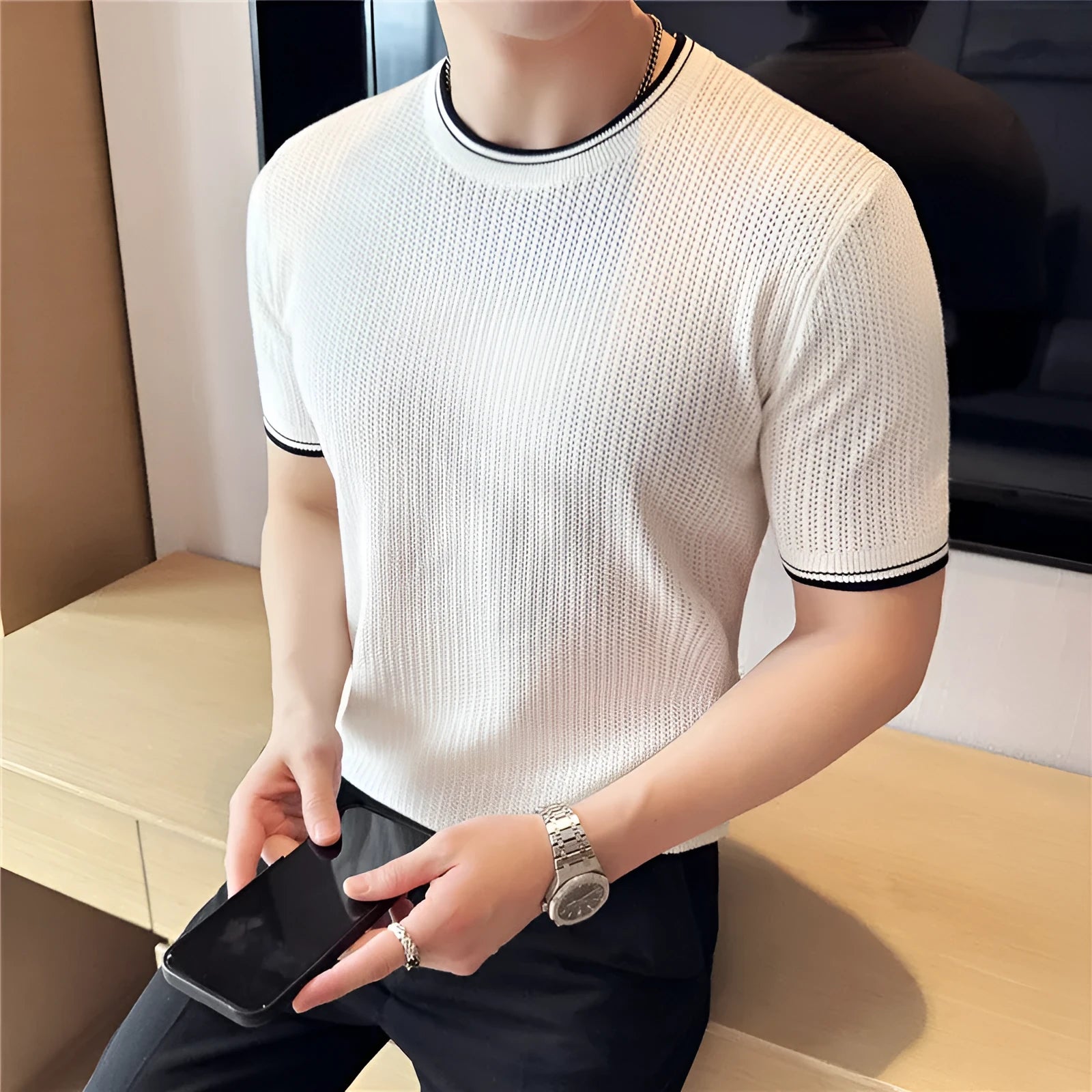 Men's round neck contrast colour stretch knitted short sleeve t-shirt in black, brown, and white