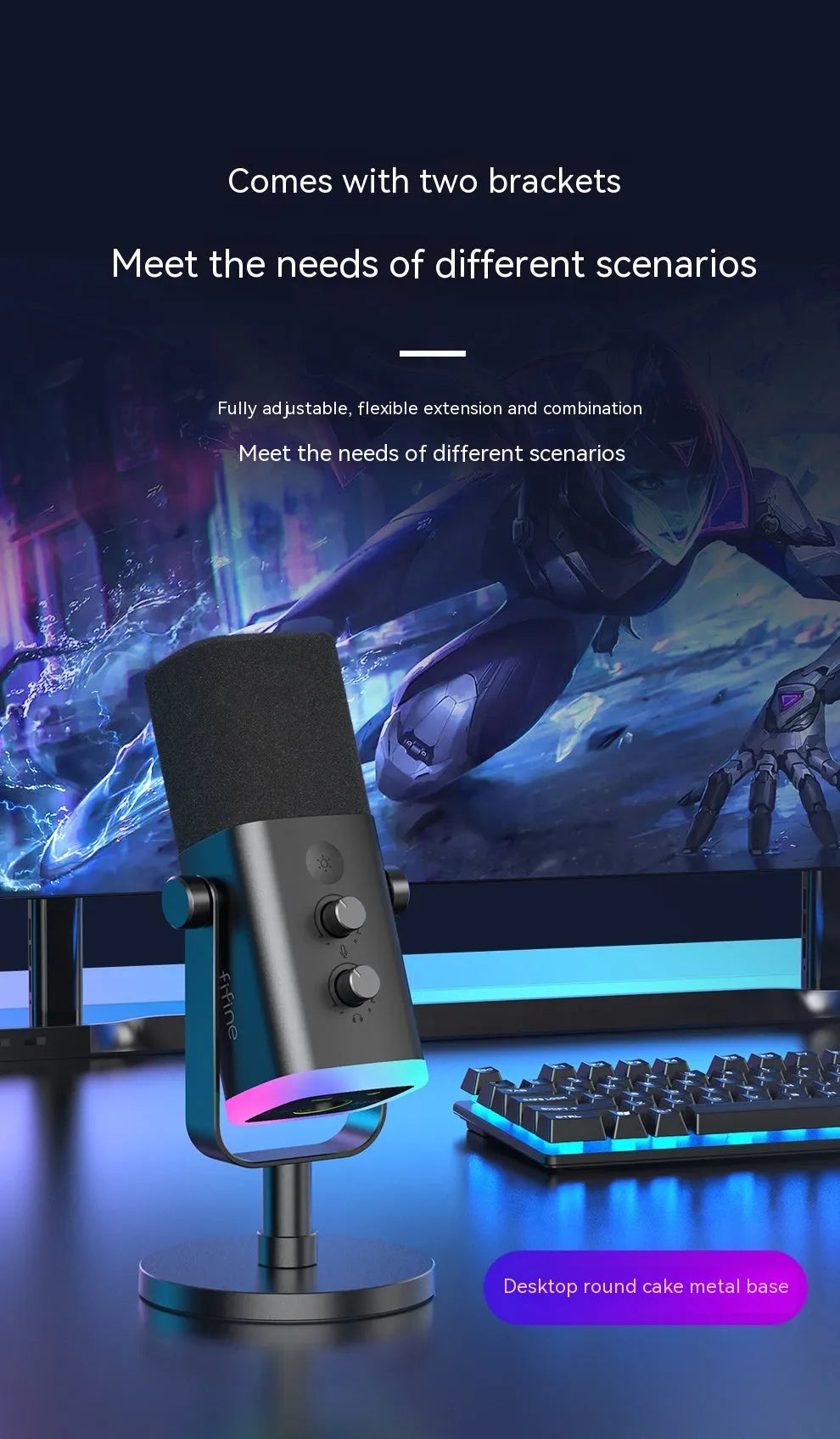 Black dynamic noise reduction microphone with XLR and USB ports on desktop base