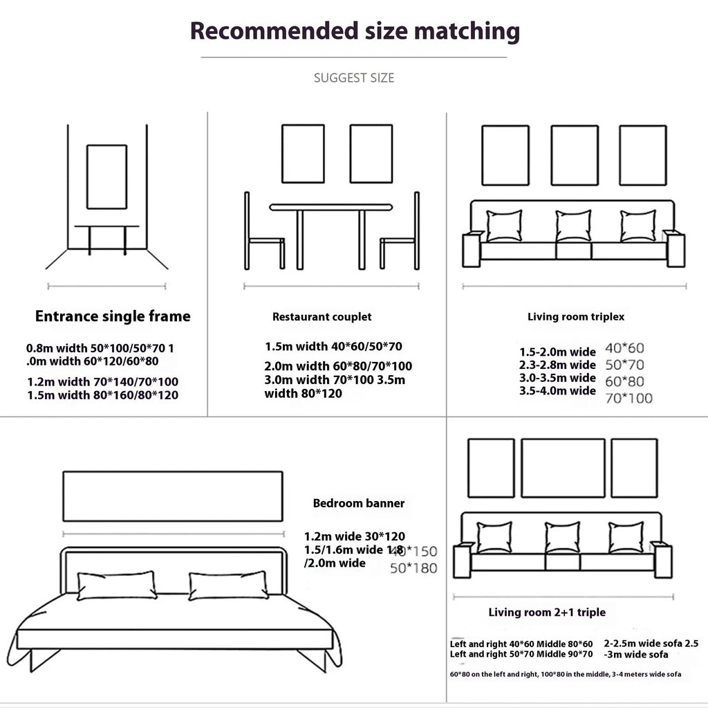 Frameless canvas hanging painting in modern style on solid wood frame, shown in various size options