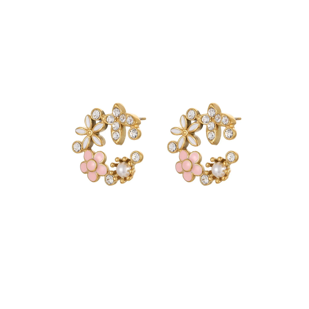Colourful flower stud earrings with petal design on stainless steel with 18K gold electroplating