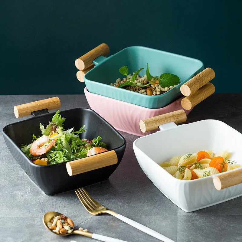 Irregular shaped porcelain ceramic bowl with lid in modern design for food service