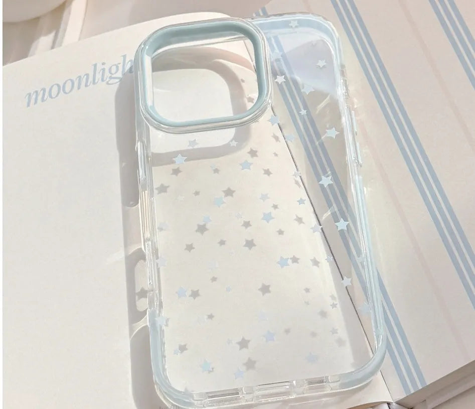 Blue stars drop-resistant TPU phone case for iPhone with transparent back and blue edge