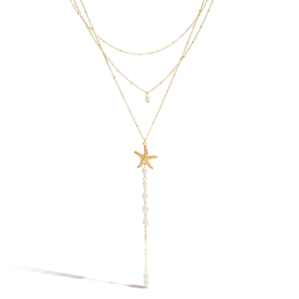 European American pearls necklace titanium steel twin starfish pendant 18K gold stainless steel chain
