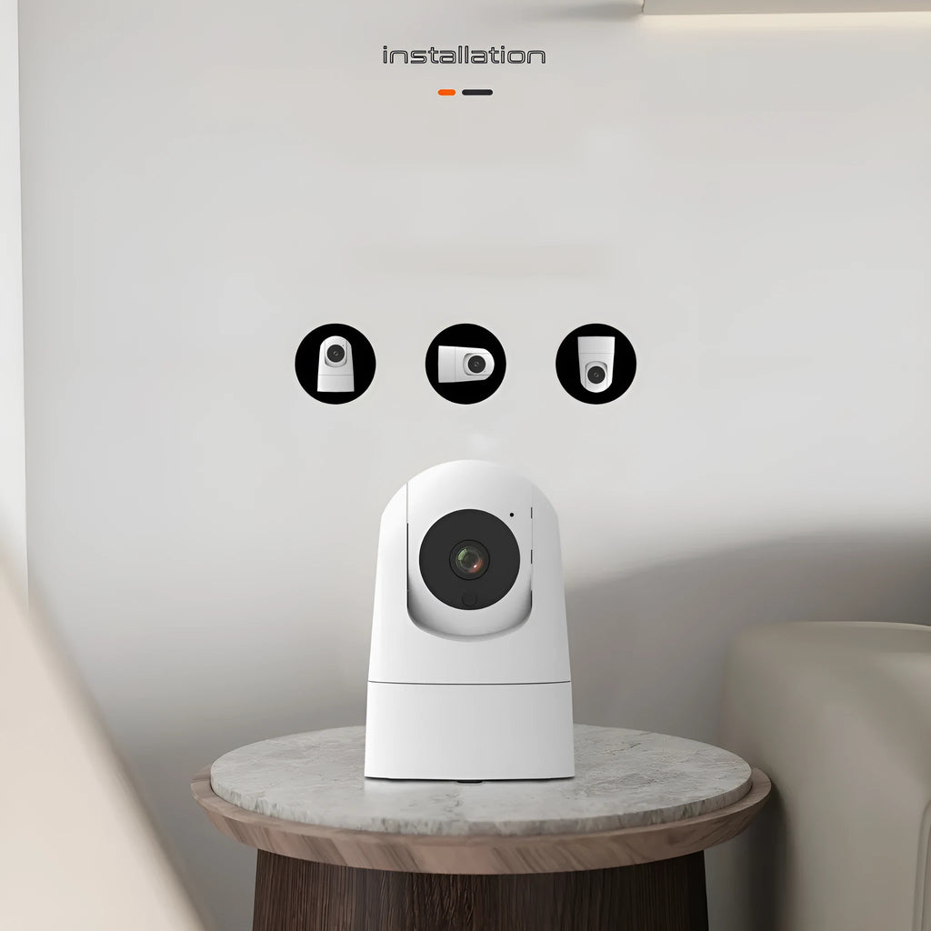 White indoor pan/tilt security camera with lens and microphone on a compact ABS/PC housing.