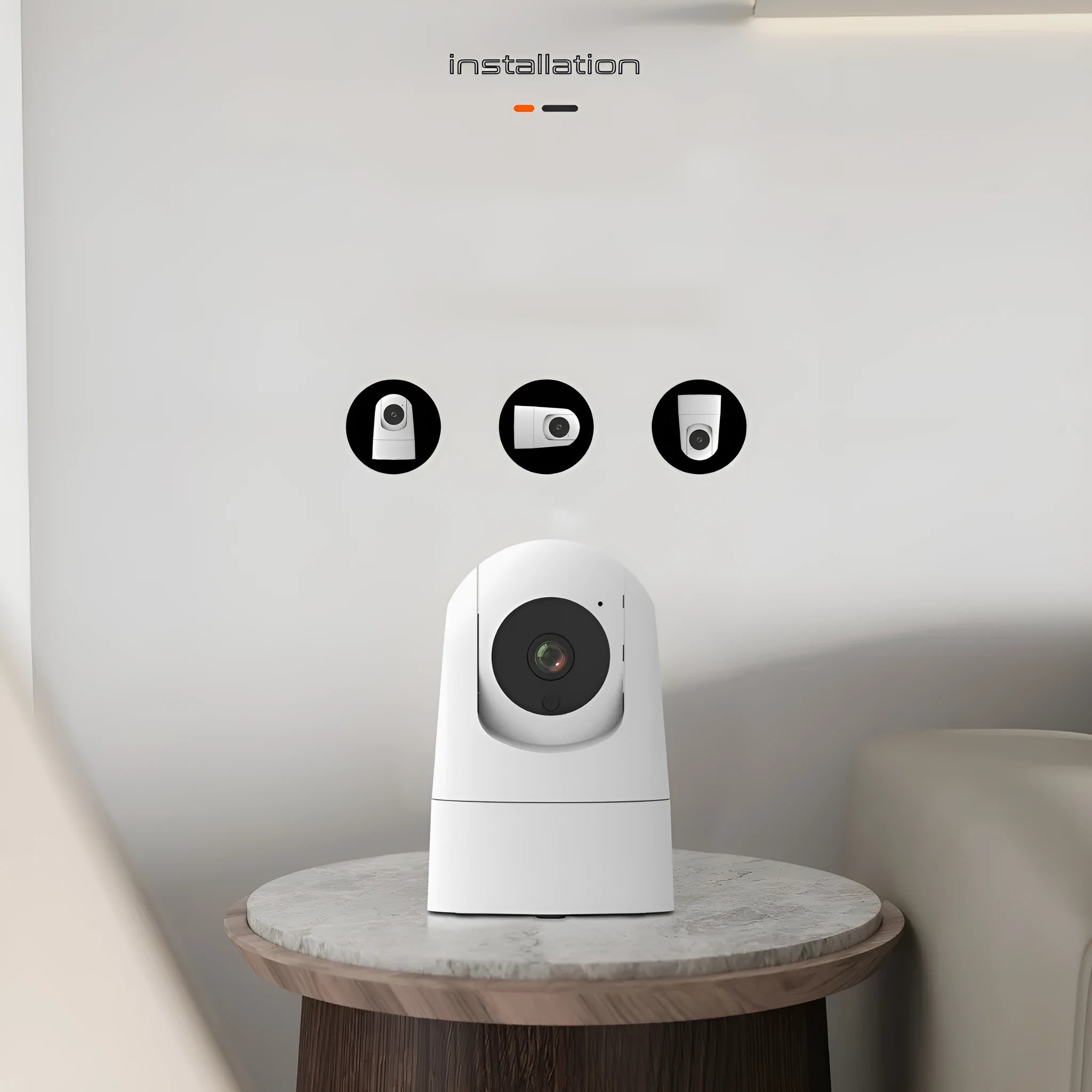 White indoor pan/tilt security camera with lens and microphone on a compact ABS/PC housing.