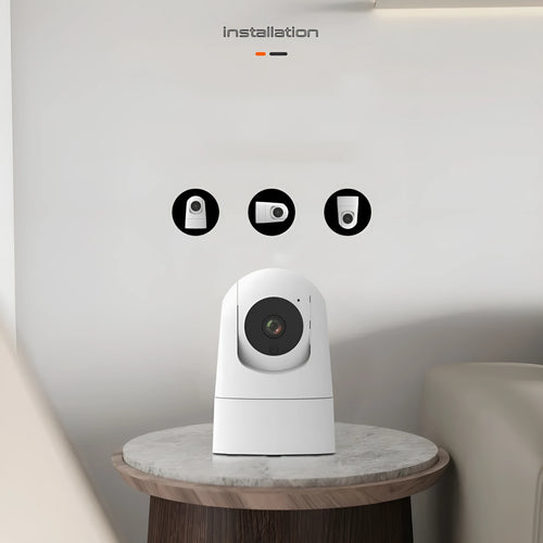 White indoor pan/tilt security camera with lens and microphone on a compact ABS/PC housing.