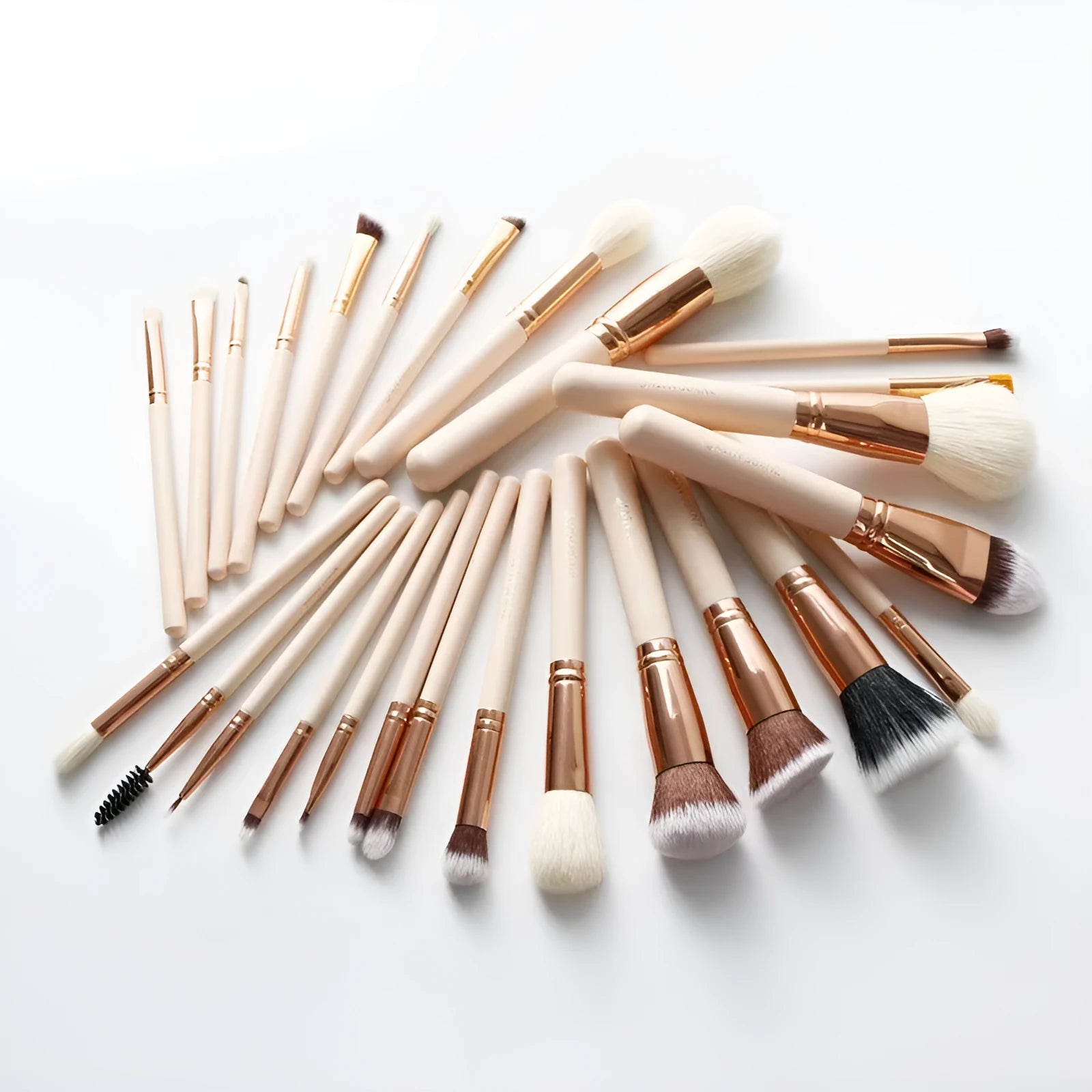 Pink 26-piece makeup brush set with wooden handles displayed in a PU storage bag.