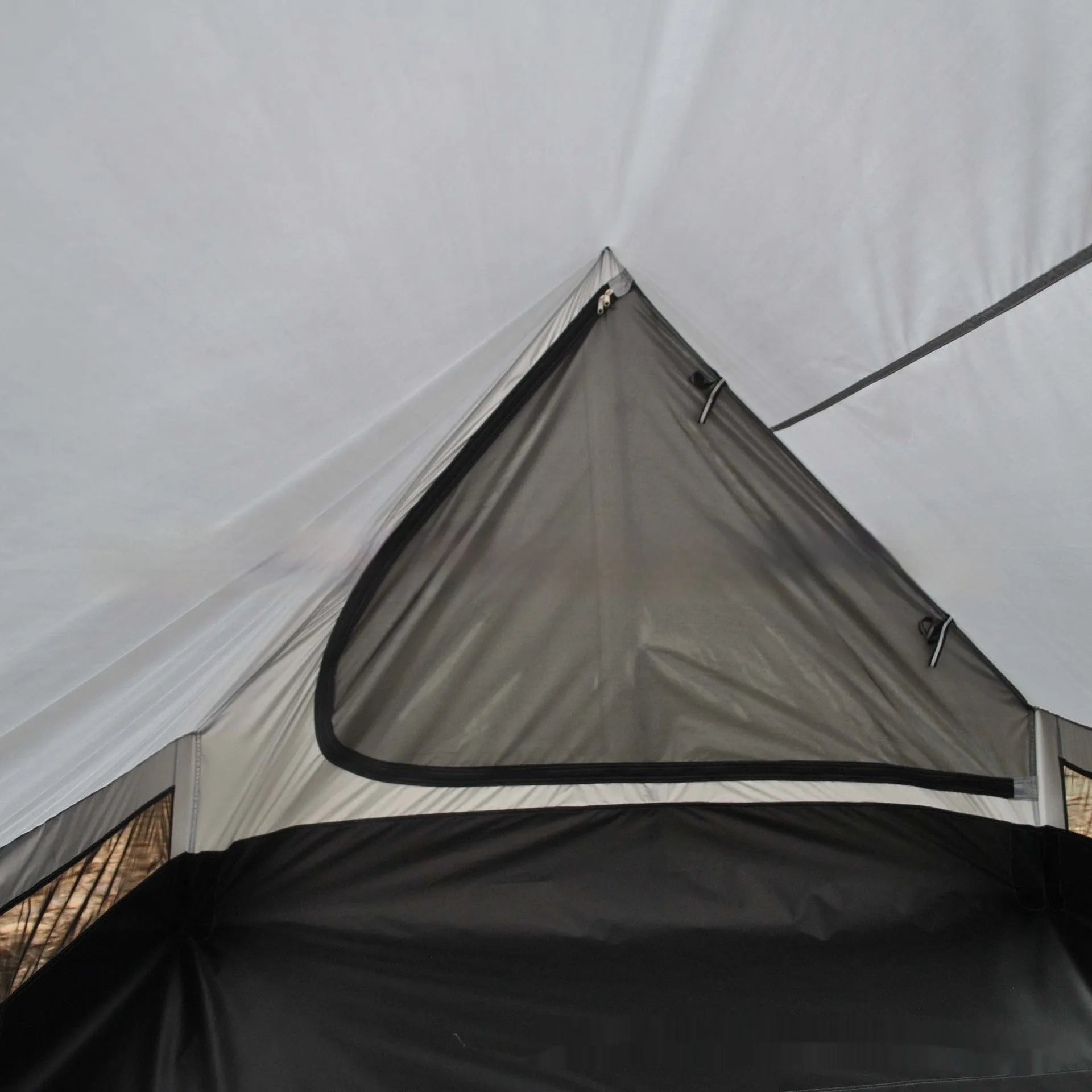 Brown or white A-line hiking tent pitched with hiking poles showing 210x150x110cm dimensions