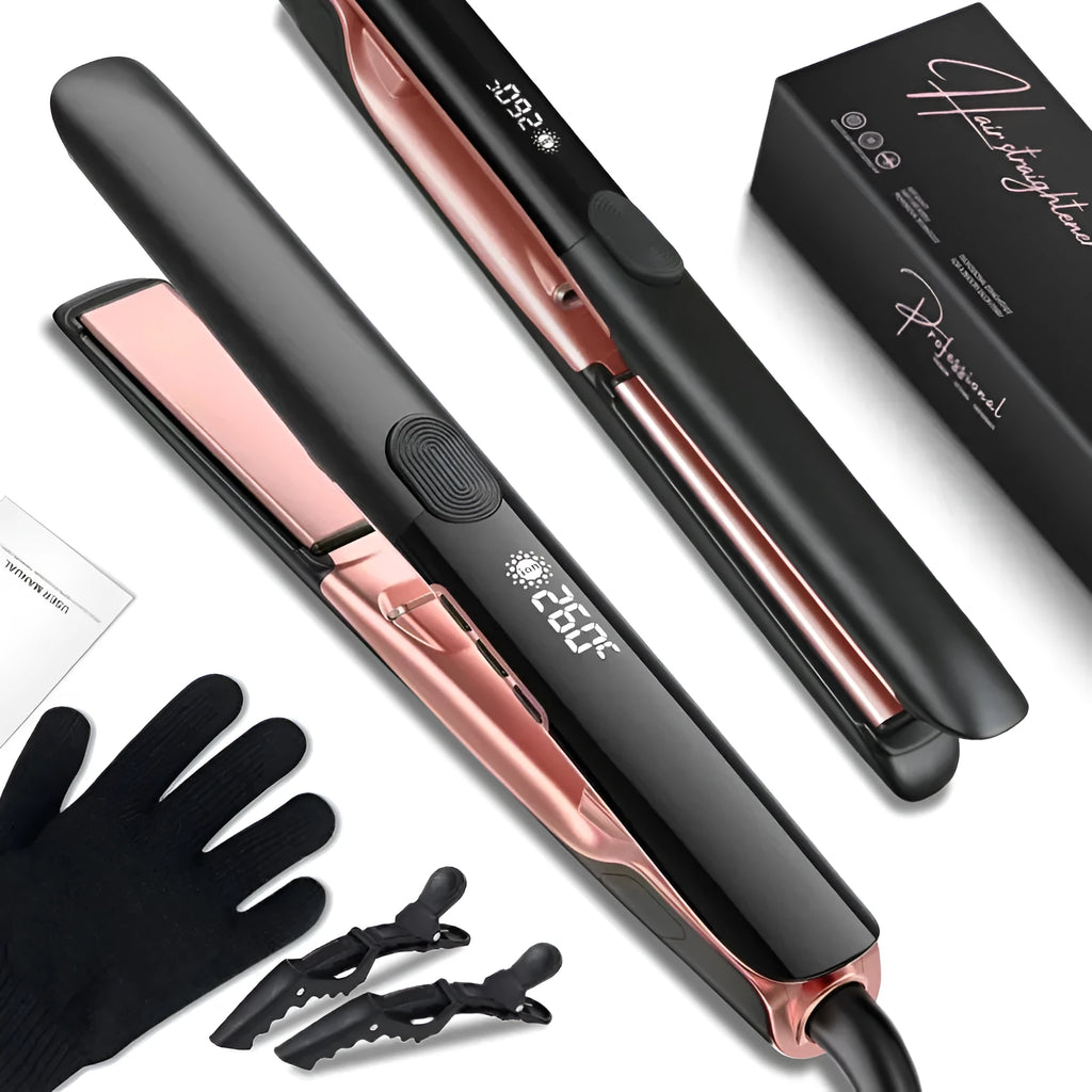 Hair straightener with digital temperature display showing 207°C setting and negative ion technology