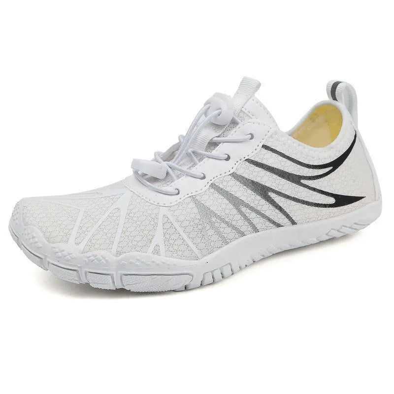 Men's and women's breathable low-top sports running shoes in various colours on a plain background
