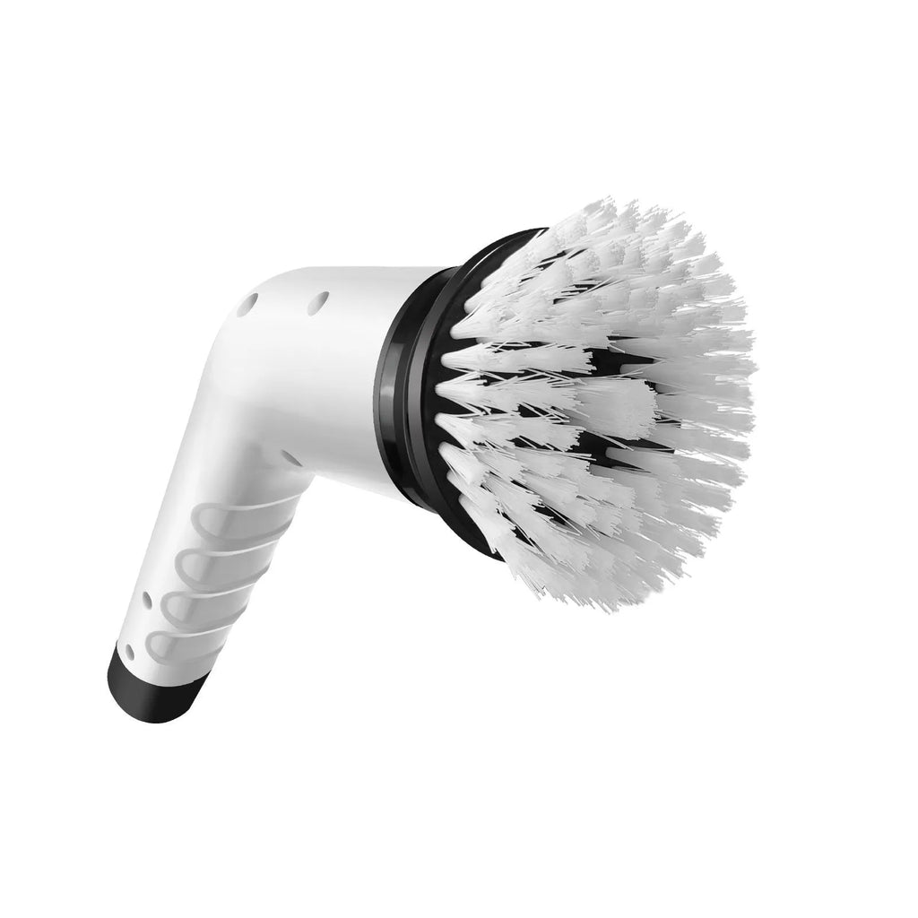 White handheld rechargeable cleaning ball with brush and international power adapters.