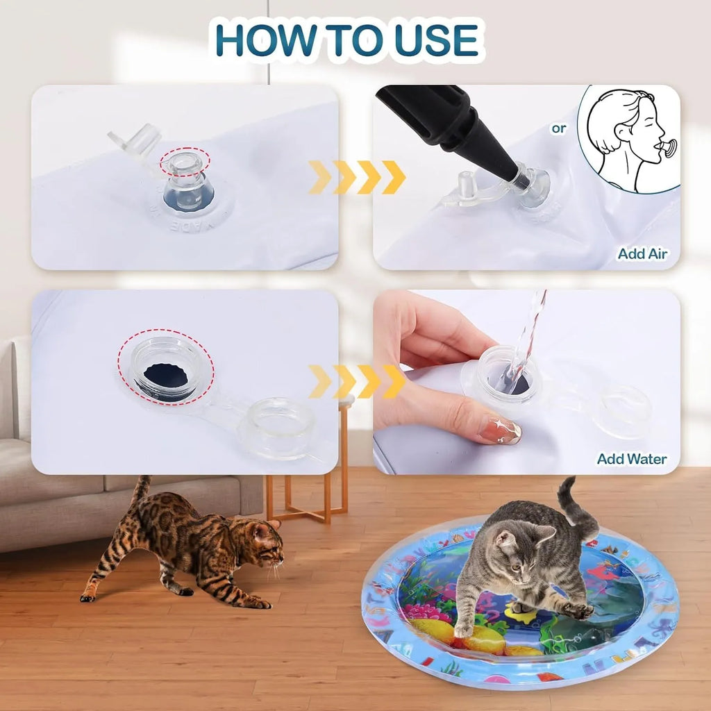 Square blue water playmat for cats and dogs with floating fish toys inside.