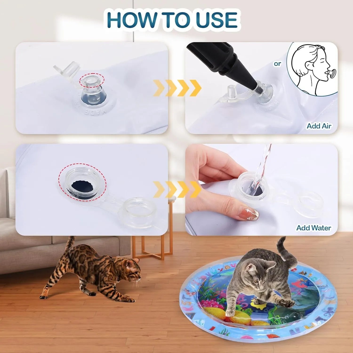 Square blue water playmat for cats and dogs with floating fish toys inside.