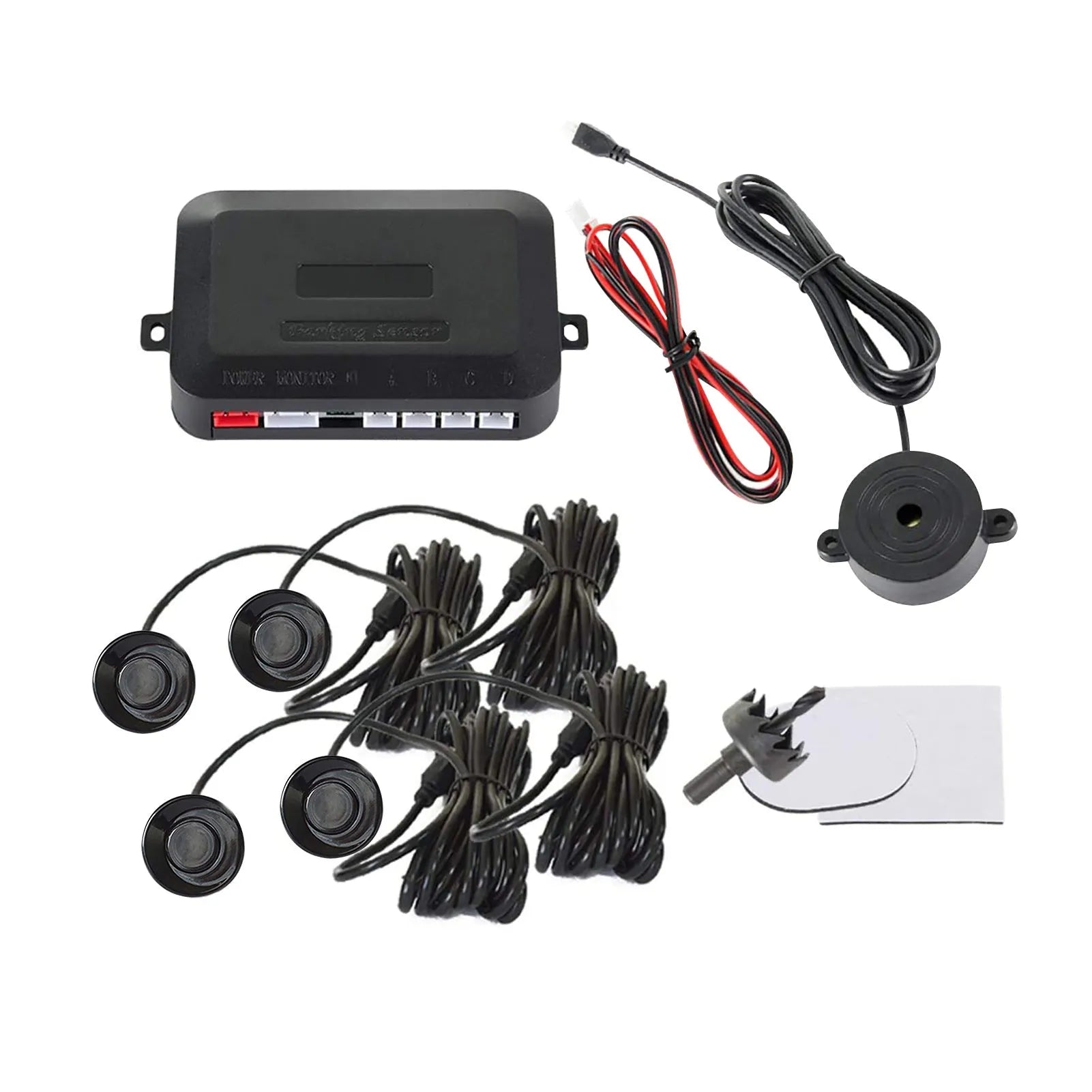 Four ultrasonic parking sensors and a buzzer control unit for a car reversing radar system.