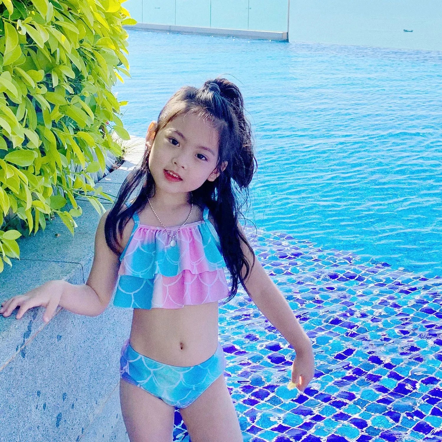 Children's swimsuit bikini with fish tail skirt in dark pink, polyester fabric, sizes 90-160