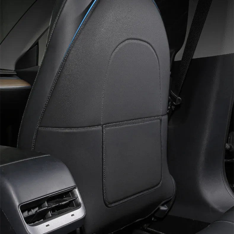 Black leather motorcycle rear seat anti kick pad protector showing full coverage design.