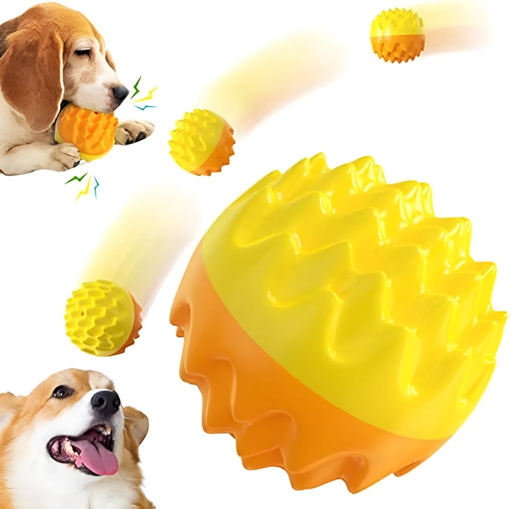 Blue squeaky rubber dog ball with spiky texture for dental cleaning and aggressive chewers
