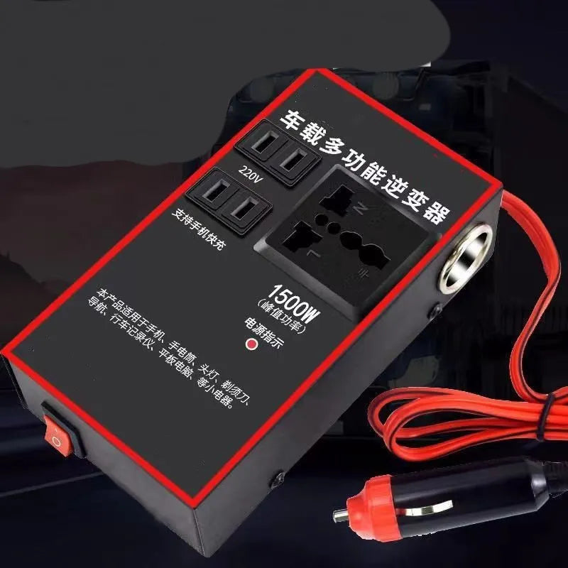 Black automotive power converter converting 12V/24V vehicle power to 220V with USB charging ports