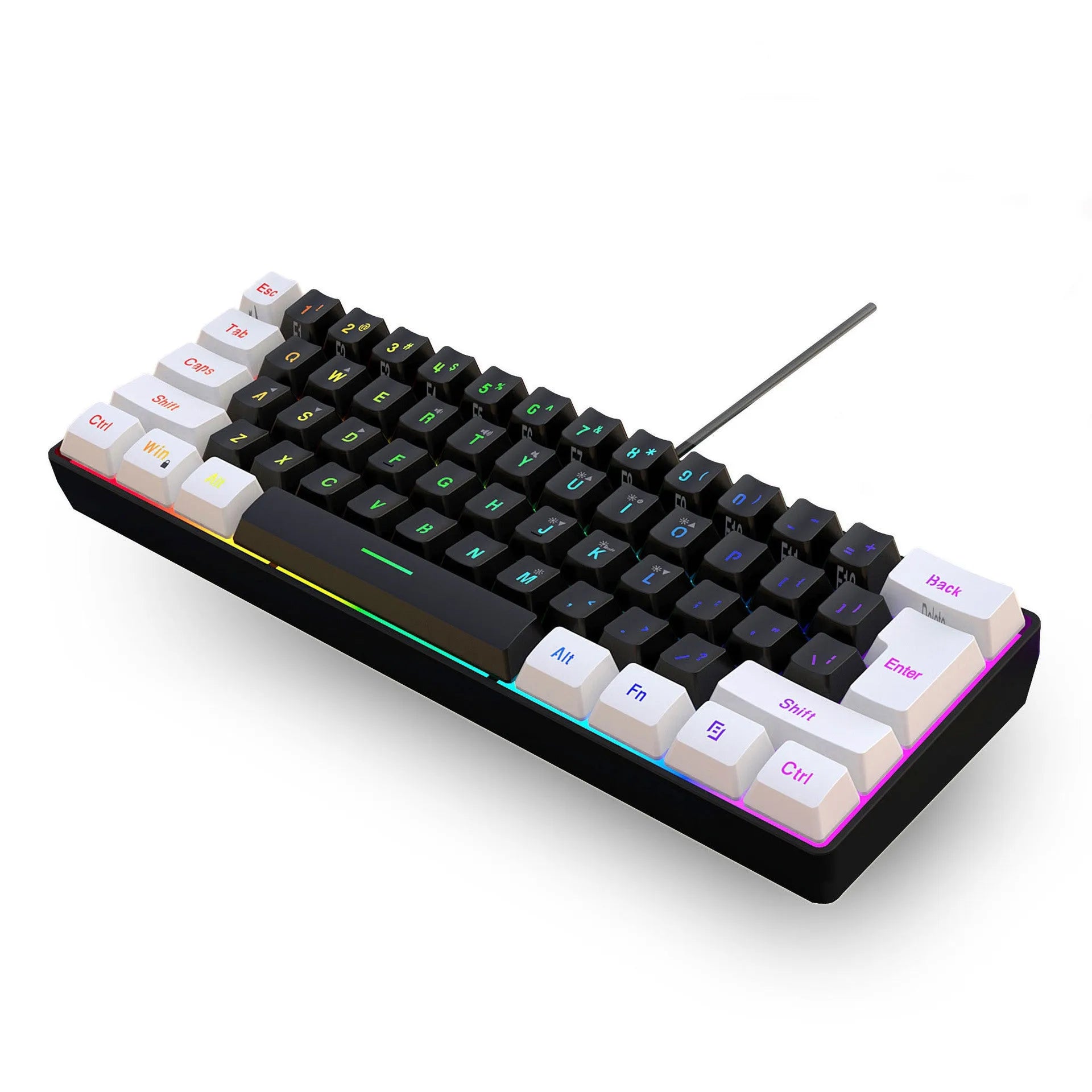 Compact 61-key wired membrane keyboard in white and black colour with 1.7 metre USB cable